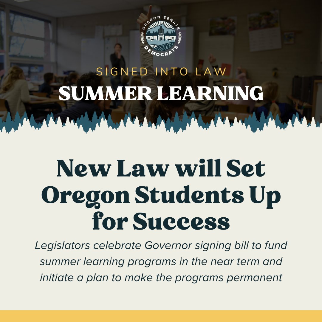 Big day for Oregon students and families! 

Governor Kotek just signed House Bill 4082 into law, funding summer learning programs to make sure every kid has access to the resources they need to learn and grow 📚✨  

Learn more: tinyurl.com/2p9ht5jv #orpol #orleg