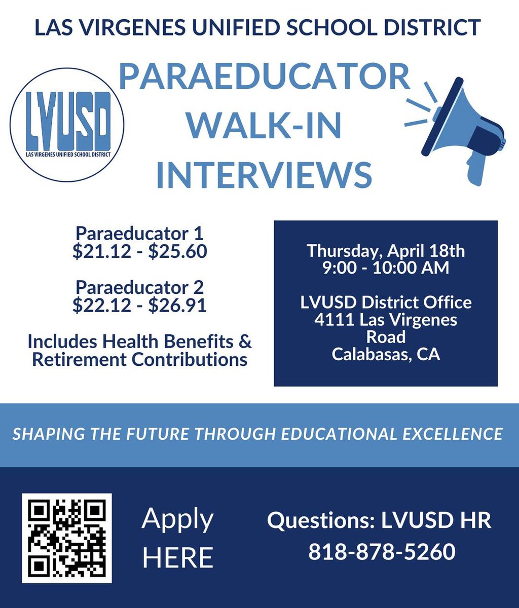 Walk-in interviews will be offered tomorrow, Thursday, April 18th from 9-10 a.m. at the District Office for paraeducator positions. Bring your resume. We hope to see you there!