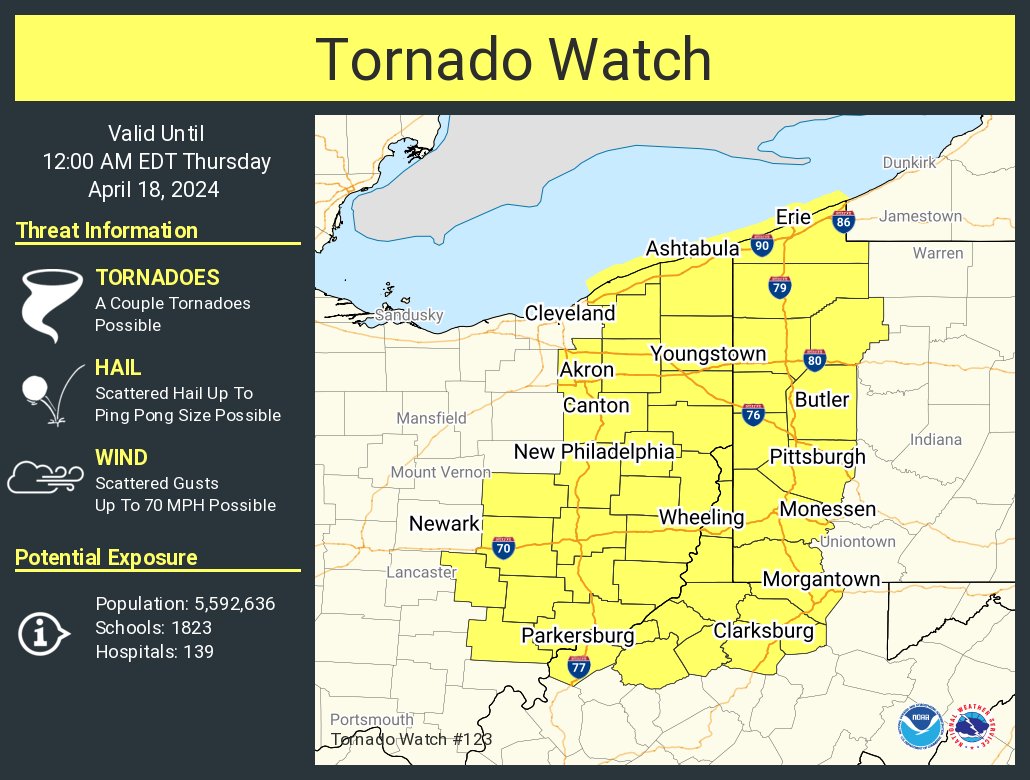 A tornado watch has been issued for parts of Ohio, Pennsylvania and West Virginia until 12 AM EDT