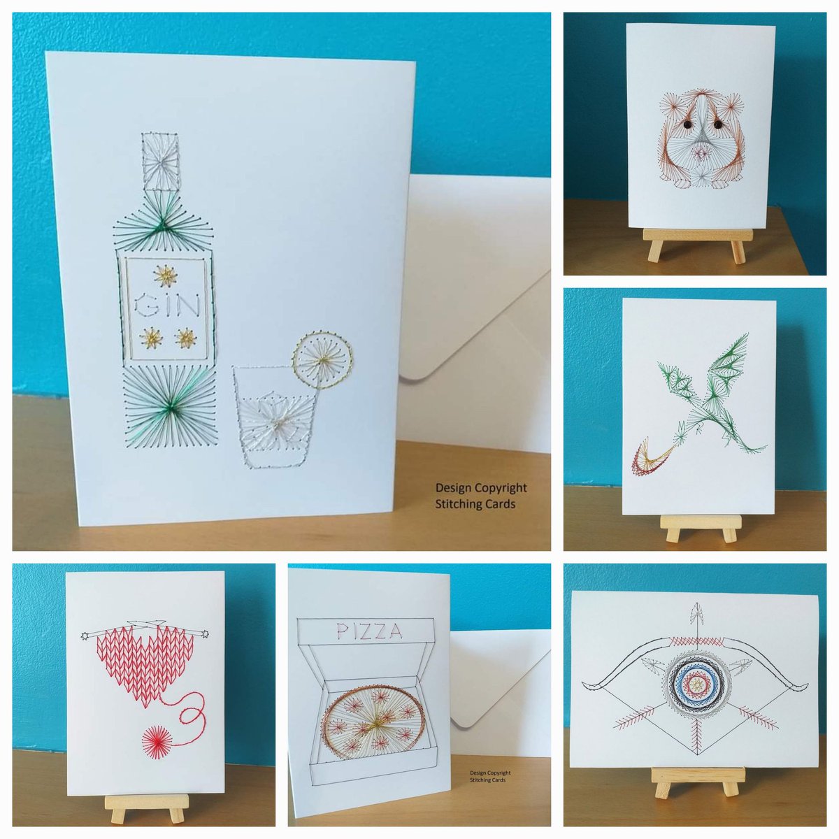 A random selection of hand stitched cards that you can find in my shop. Personalised wording can be added too. The pizza and archery designs have been popular so far this year dawnydtdesigns.etsy.com #HandmadeHour