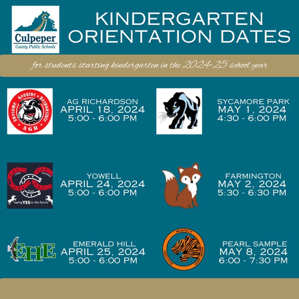 Kindergarten registration for the 2024-2025 school year is open online at culpeperschools.org. In addition, each school will hold a kindergarten orientation for rising K students, see image or our website for dates and times!