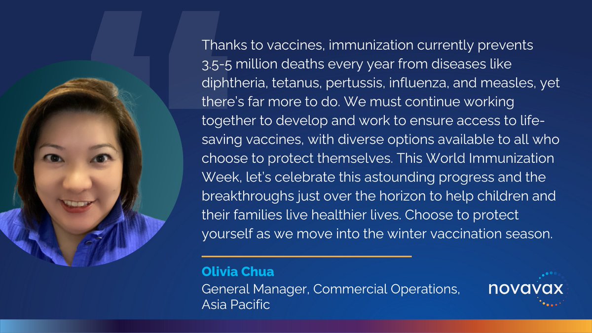 Novavax General Manager of Commercial Operations, Asia Pacific, Olivia Chua, reflects on vaccine progress and the path forward this #WorldImmunizationWeek. Visit bit.ly/3Jaz9gx and bit.ly/4cGmdN9 to learn more. #VaccinesWork @WHO