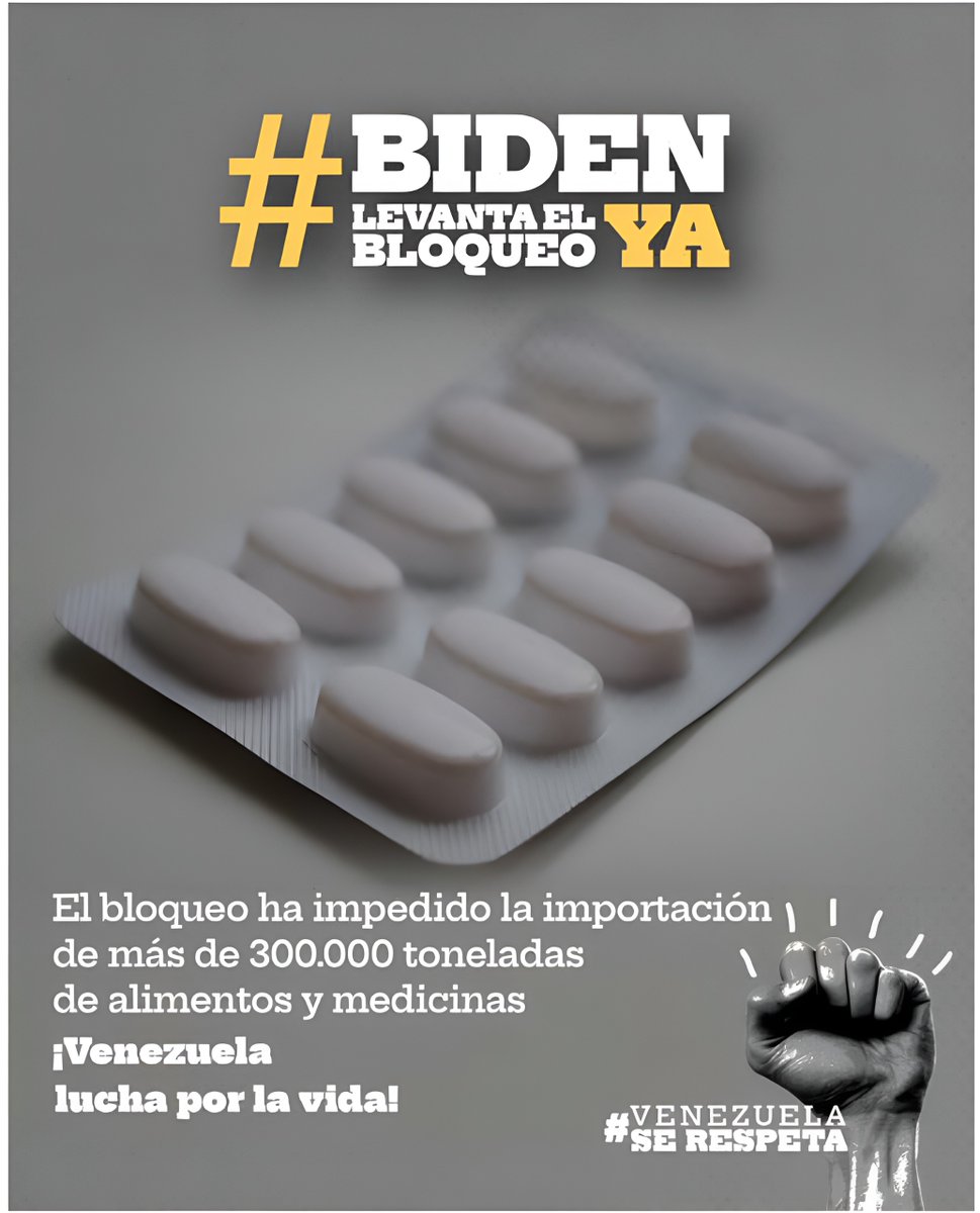 #17Abr El bloqueo ha impedido la importación de más de 300.000 toneladas de alimentos y medicinas. ¡Venezuela lucha por la vida! #BidenLevantaElBloqueoYa