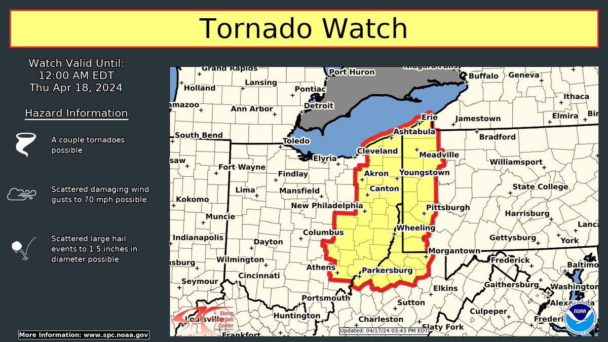 A Tornado Watch is in effect until 12 am EDT for eastern Ohio, far western Pennsylvania, far Northern West Virginia, and Lake Erie. Hazards include a couple of tornadoes, damaging winds, and large hail. More info: spc.noaa.gov #ohwx #pawx #wvwx