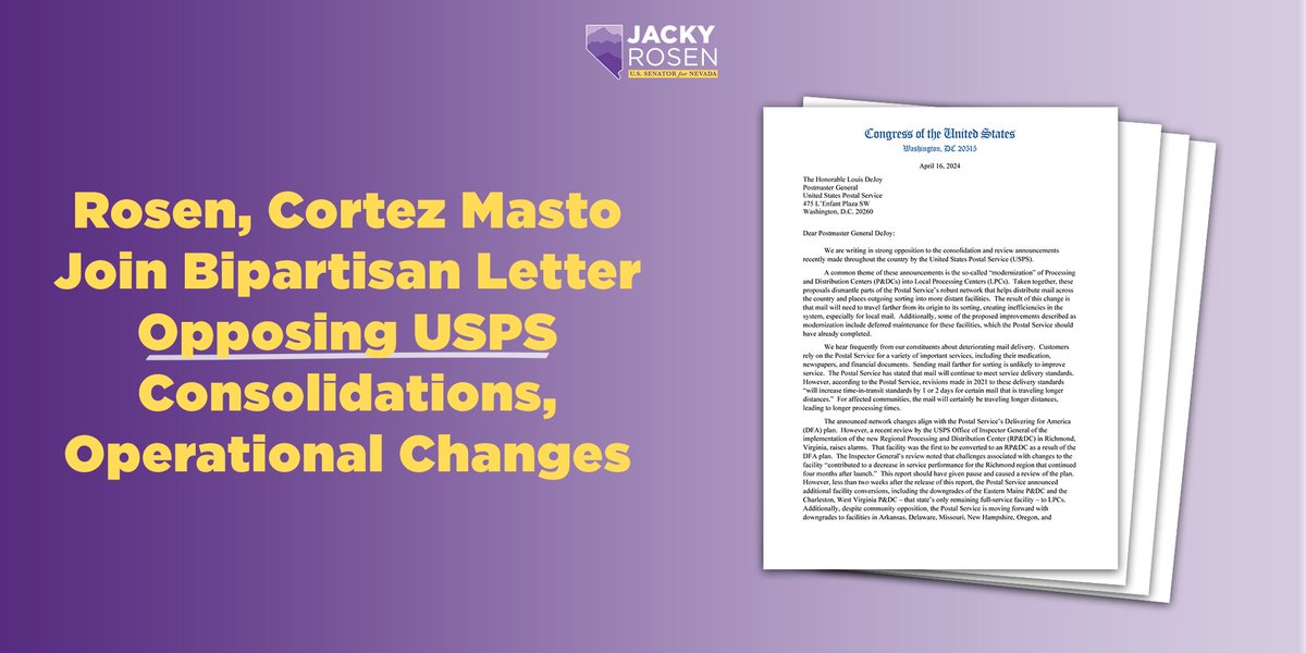 Nevadans have made it very clear: we don’t want our mail processing to be moved from Nevada to California. @SenCortezMasto & I are part of a bipartisan effort opposing @USPS’s misguided consolidations like the one in Reno.