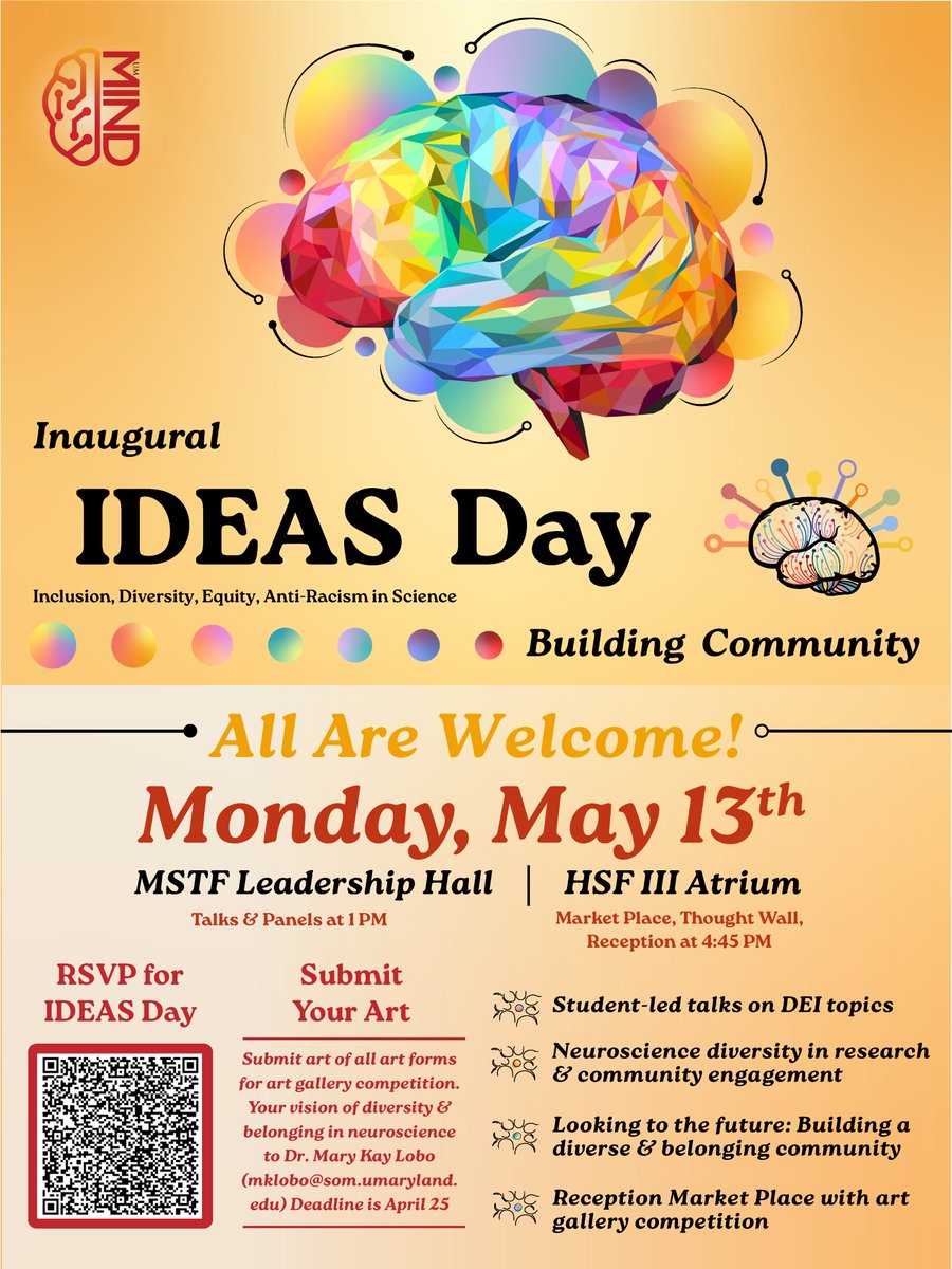 Our UM-MIND Inclusion, Diversity, Equity, and Anti-Racism in Science (IDEAS) Committee will be hosting the inaugural IDEAS Day event on Monday, May 13th, featuring student-led talks, panels, an art competition, marketplace, and more! Register here: form.jotform.com/240654148717157