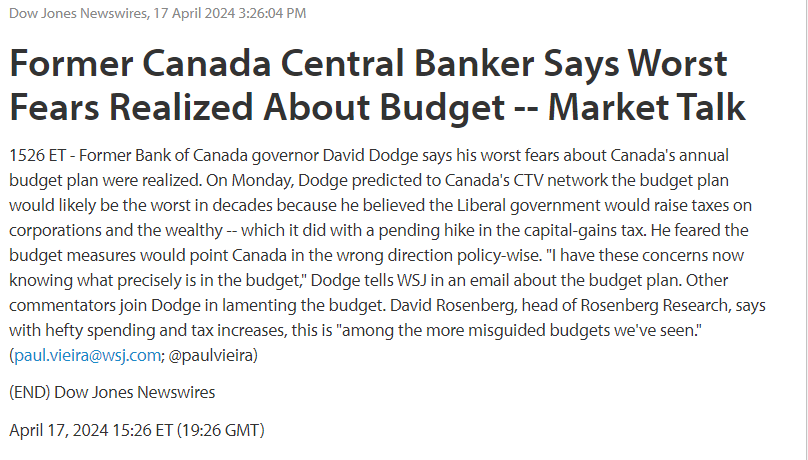 Former Bank of Canada governor David Dodge says his worst fears about Canada's annual budget plan, presented Tuesday, were realized. On WSJ wires: