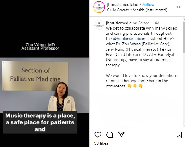 Check it out! 🎥🎬 Dr. Zhu Wang, #HopkinsGIM's Section of #Palliative Medicine, shares her thoughts on #musictherapy. Watch it on @jhmusicmedicine's Instagram page: instagram.com/reel/C5s21f3R8…