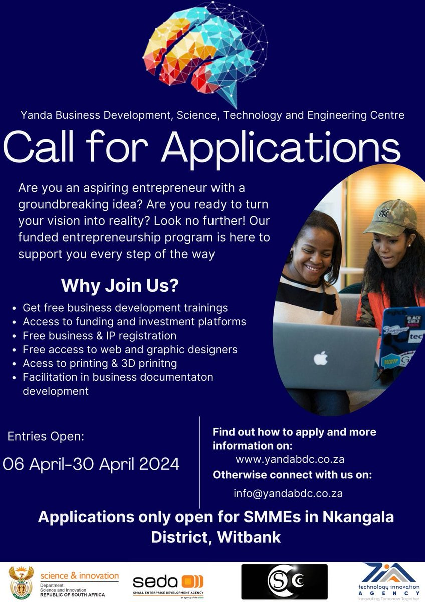 NYDARSA's tweet photo. Are you bursting with a game-changing idea? Ready to transform it into reality? Look no further than the Yanda Business Development, Science, Technology, and Engineering Centre!

What will you gain?
· Gain invaluable business development training - for free!
· Unlock access to funding and investment platforms.
· Secure free business & IP registration.
· Tap into free web and graphic design services.
· Utilize printing & 3D printing facilities.
· Get expert help with business documentation.

Apply now and turn your dreams into achievements! Open exclusively to SMMEs in Nkangala.

🗓️Entries Open: 06 April 2024 to 30 April 2024
🔗 Visit: https://t.co/i3TnYfklU6 or email info@yandabdc.co.za for more information.

Don't miss out on this incredible opportunity!

#Entrepreneurship #Innovation #SMMEs #Nkangala #Mpumalanga #BusinessDevelopment #YandaBusiness #SEDA #Science&Innovation