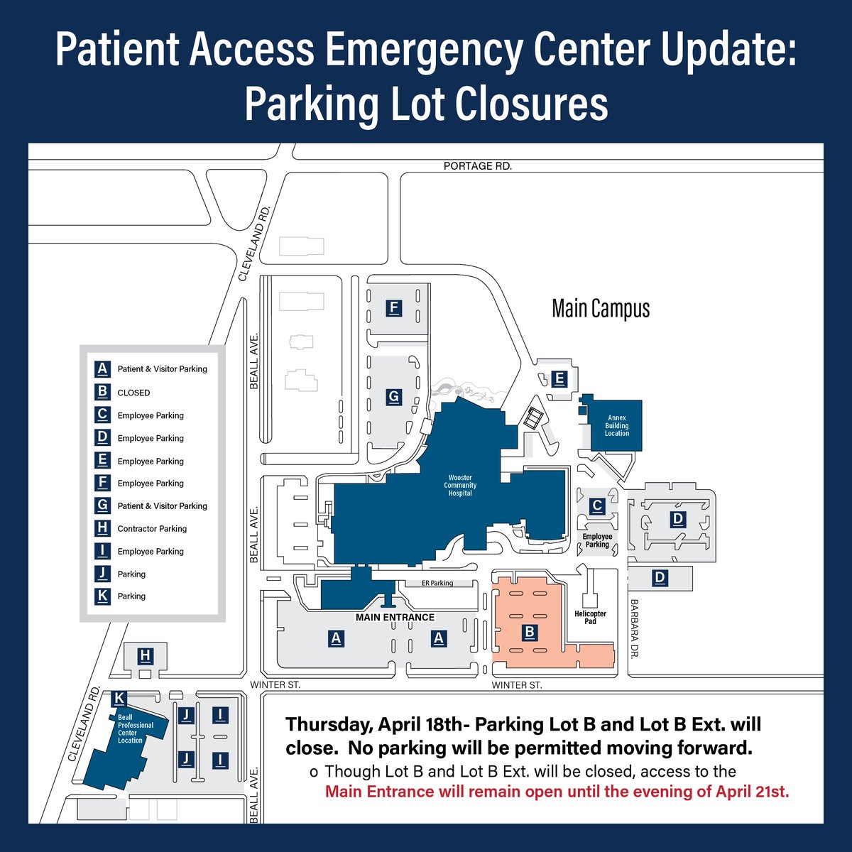 🚧 **Construction Update** 🚧 Starting TOMORROW, Parking Lot B & B Ext. at Wooster Community Hospital will close for construction. Main Entrance access remains open until April 21st. Your patience is appreciated! woosterhospital.org/patient-access…. #WCHCare #PAECProject