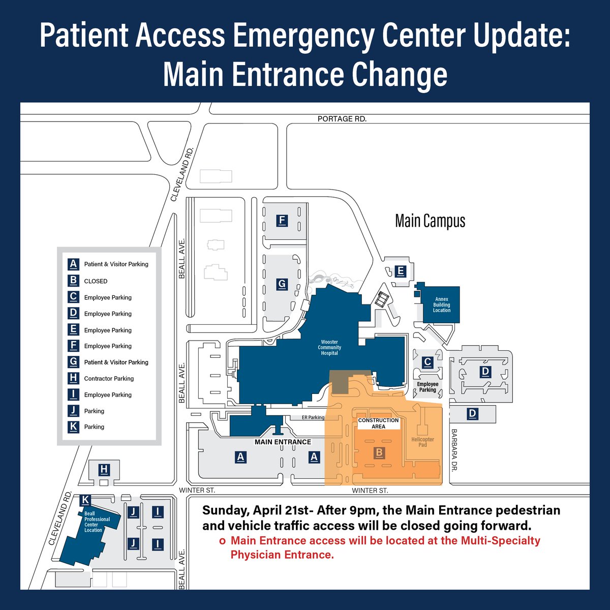 🚧 Construction Update 🚧 Starting April 21st, after 9pm, Main Entrance access at Wooster Community Hospital will close. Use Multi-Specialty Physician Entrance. Your patience is appreciated! For questions, call 330.263.8144 or visit woosterhospital.org/patient-access…. #WCHCare #PAECProject