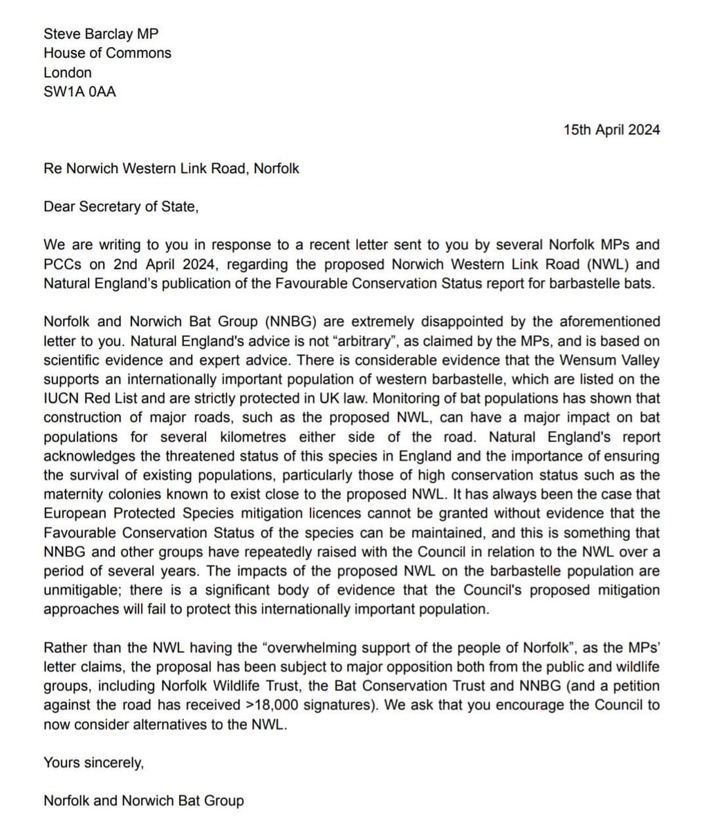 Norfolk and Norwich Bat Group have written to @SteveBarclay in support of Natural England's Favourable Conservation Status report for barbastelle bats, following an extremely disappointing response from some of Norfolk's MPs.