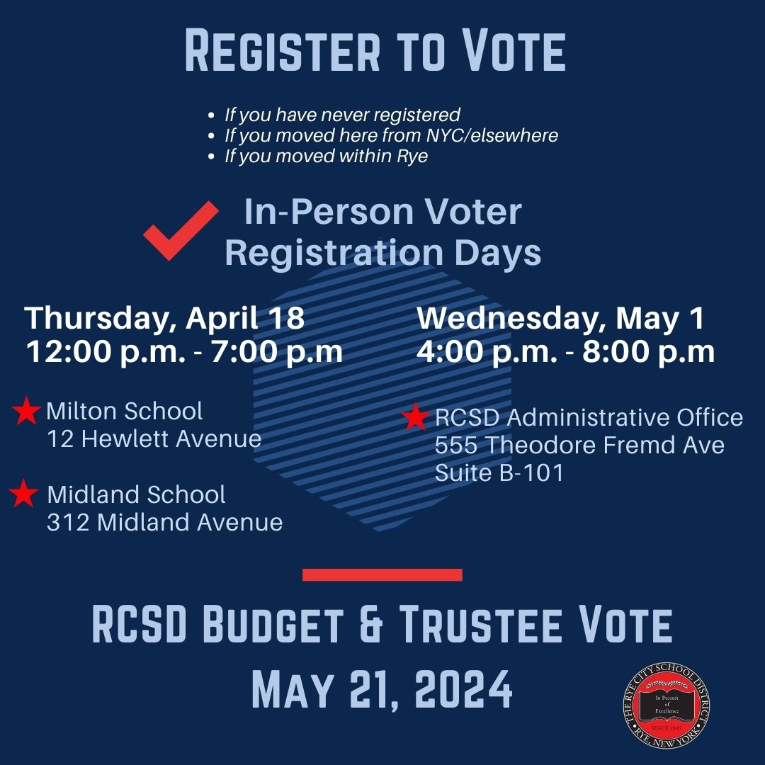 Don't miss out on your chance to make a difference! Voter registration happening tomorrow, Thurs April 18 at Midland and Milton from 12-7pm. 🇺🇸🔴⚫️ #RyeCommitment