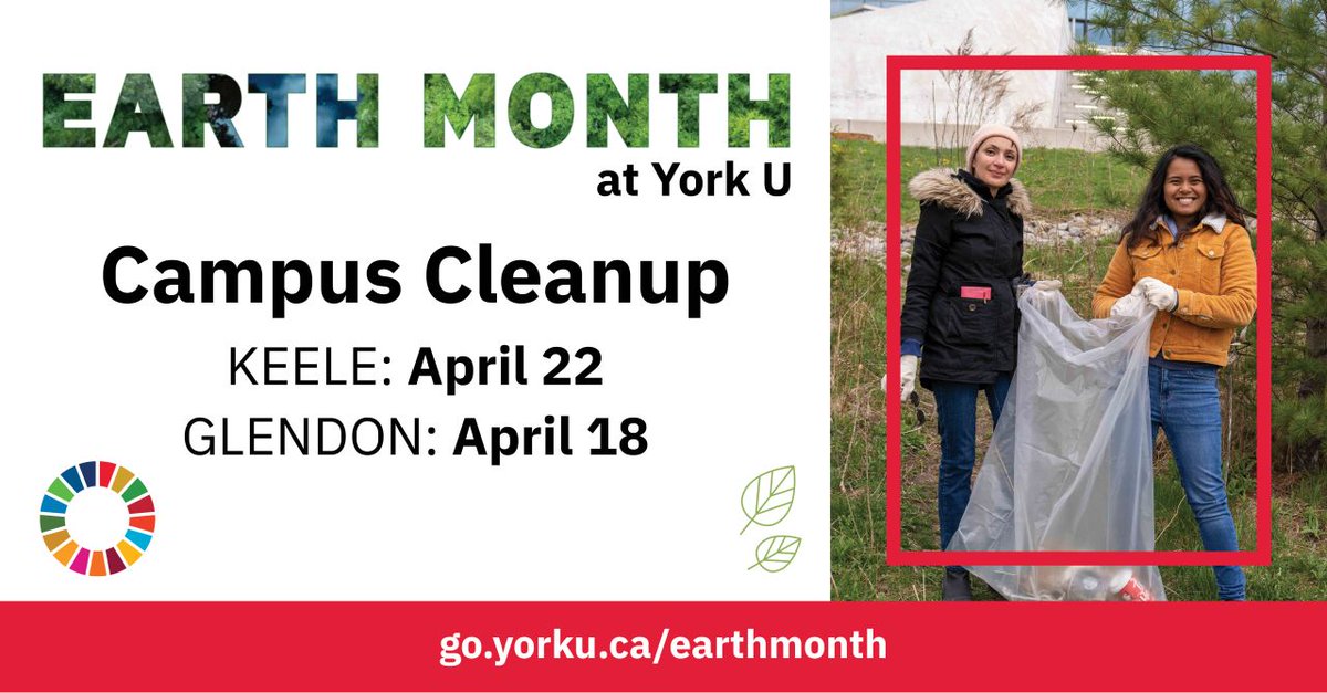 Join the York University community in reducing land and water pollution, protecting biodiversity and beautifying our campuses! Participate in the Campus Cleanup events on April 18 (Glendon) and 22 (Keele). Learn more: bit.ly/3McMrw6 | #EarthMonth 🌍