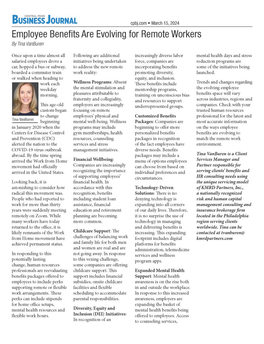 KMRDPartners's tweet photo. Tina Van Buren discusses how HR professionals are reevaluating benefits packages for the new norm of Working from Home and the initiatives being undertaken to address this new reality.

https://t.co/qo53KGfYjj https://t.co/2u0jBLdAGR