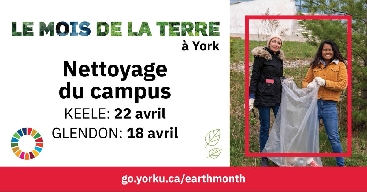 Joignez la communauté de l'Université York pour réduire la pollution, protéger la biodiversité et embellir nos campus! Participez aux activités de grand nettoyage le 18 avril (Glendon) et le 22 (Keele). Pour en savoir plus : bit.ly/3McMrw6 │#Moisdelaterre 🌍