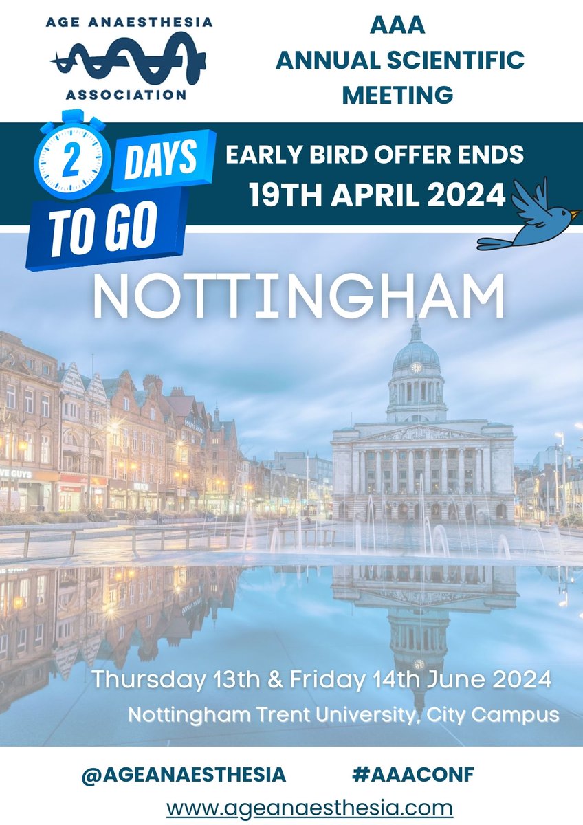 Almost there... Last two days before Early Bird rates end, sign up now here: emdevents.eventsair.com/age-anaesthesi… More details on AAA ASM 2024 can be found on our website: ageanaesthesia.com/asm-2024 #AAAConf