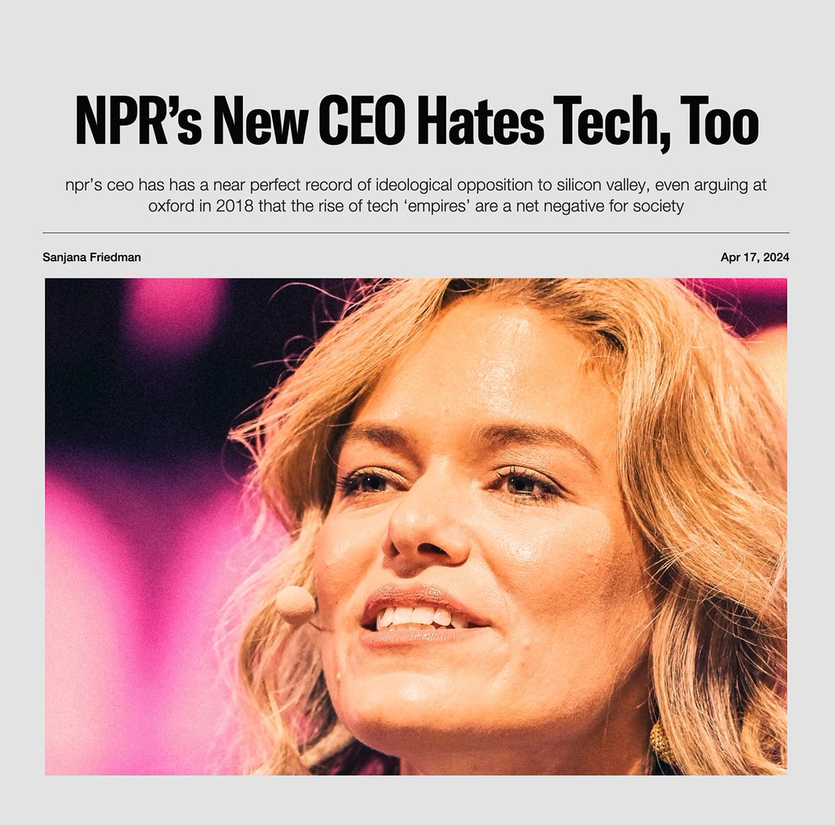 While the new head of NPR Katherine Maher's been getting dogpiled for her extreme political positions this week, there's been less attention on her consistent track record of scapegoating Silicon Valley for all the world's problems. She's likened Founders Fund to the Ku Klux…