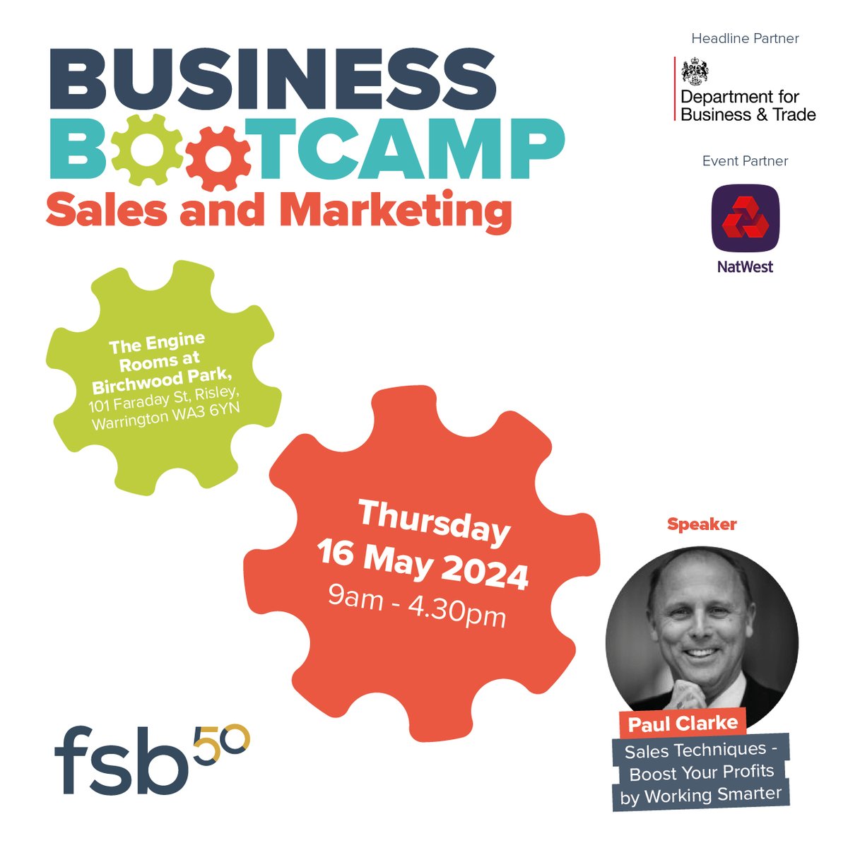 Learn how to Boost Your Profits by Working Smarter with Paul Clarke at the North West Bootcamp on 16 May 🚀

Find out more and book your place 🔗 
go.fsb.org.uk/48wqksC #FSBbootcamp