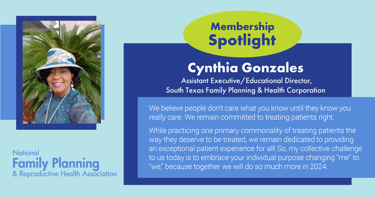 Our April NFPRHA Member Spotlight is Cynthia Gonzales, of @STFPHC, grantee of @EveryBodyTX! She has served her community in Corpus Christi for over 30 years & calls all providers to action: “The time is now to bring the joy; be the passion; combine the two and shift the nation!”