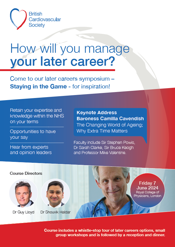 Will you be 'Staying in the Game'? Join the @BritishCardioSo course to support later careers. So many career options - join us on Friday 7 June @RCPhysicians to hear from our experts and medical leaders - book here: bcs.com/education/late… #cardiocareers #CardioTwitter