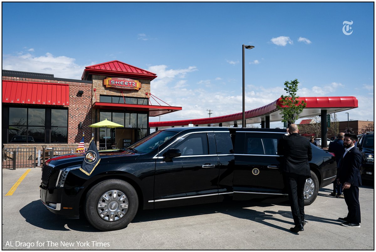 The presidential limousine, known as “The Beast,” parked outside of a Sheetz gas station during an unannounced visit with President Joe Biden, in Pittsburgh, Pennsylvania, on Wednesday.