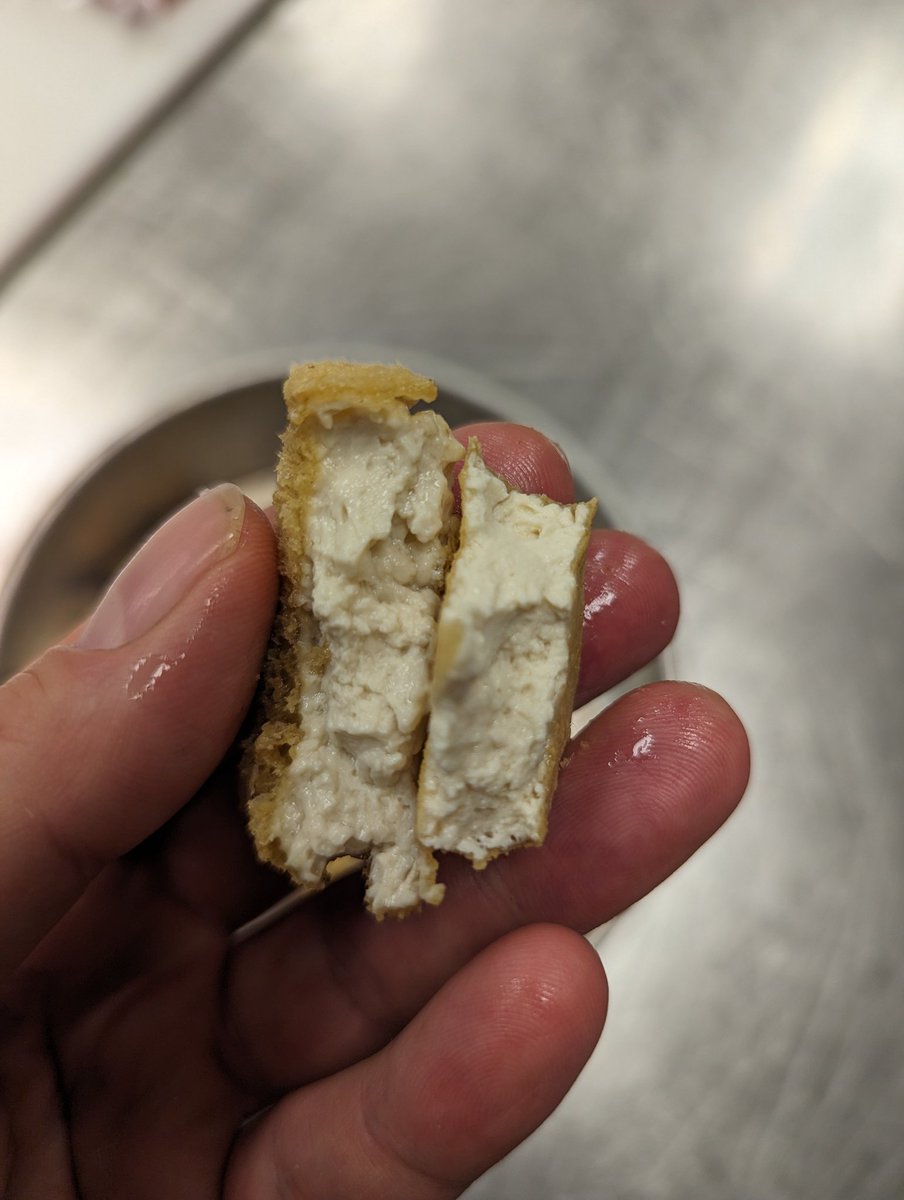 Alkaline bath tofu as promised. The photos don't do it justice. In the first photo you can see it side-by-side with untreated tofu, both deep fried. The alkaline bath causes the outside to get super crispy and the inside super creamy