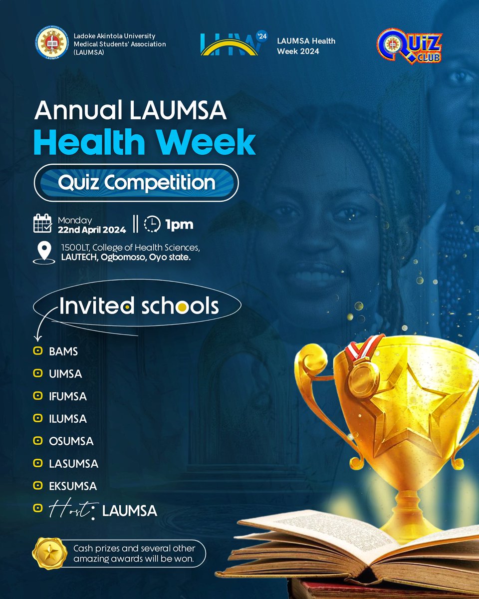 Let the War of Minds Begin!⚔️

*LAUMSA HEALTH WEEK 2024 Presents her INTER-MSA QUIZ!!*🥳🤩🎊

In the Spirit of Building Bridges, our academic giants from all over the country come together, in a spar of minds..

See you there!✨

#Healthweek
#Globalhealthequity
#LHW’24