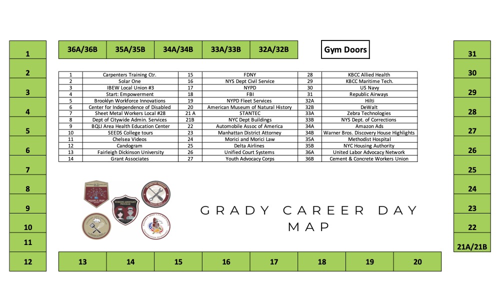 Career Day at is tomorrow at Grady. Listed below is our directory of 41 representatives from all over NYC and NYS. #GradyHSGlory #FalconStrong #falconstrongtogether #CTEWorks #futurereadyNYC #buildingabetterNYC #careerexploration
