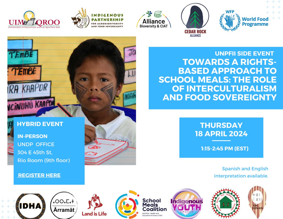 #happening tomorrow #intercultural approaches to #schoolfeeding ensure #indigenouschildren’s right to food & development while strengthening #IndigenousPeoples #foodsystems & rights.  Learn about practical examples at the side event in the #UNPFII #WeAreIndigenous 
More info 👇🏾