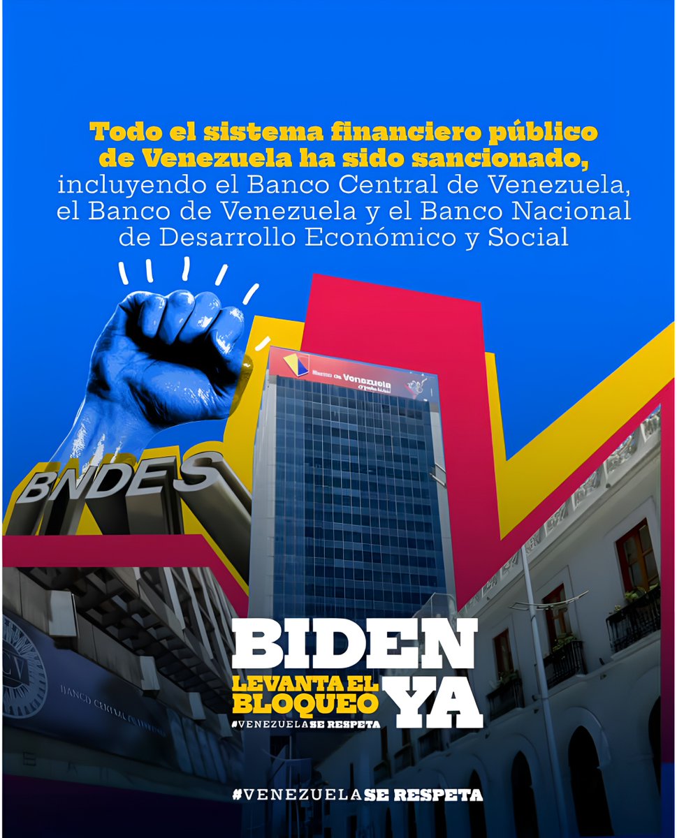 #17Abr Todo el sistema financiero público de Venezuela ha sido sancionado, incluyendo el Banco Central de Venezuela y el Banco Nacional de Desarrollo Económico y Social. #BidenLevantaElBloqueoYa