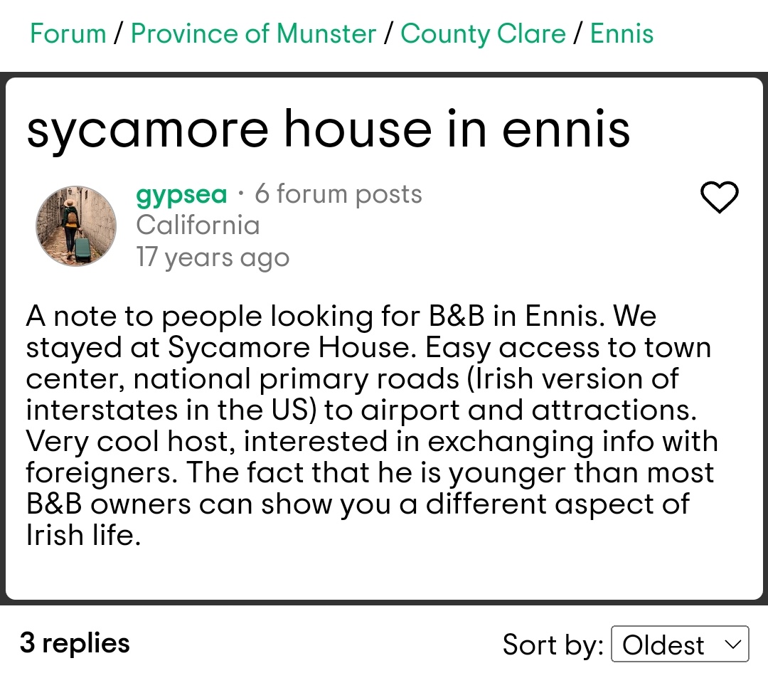 Genuinely cannot get over this review for a B&B in Ennis based on an experience from the current century.