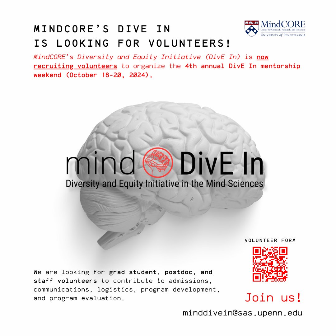 MindCORE’s Diversity and Equity Initiative (DivE In) is excited to announce our 4th Annual Mentorship Weekend! We are now recruiting volunteers to organize this initiative, which is October 18-20, 2024. Interested? Fill out the volunteer form: forms.gle/pWjrfbgUa1zszt…