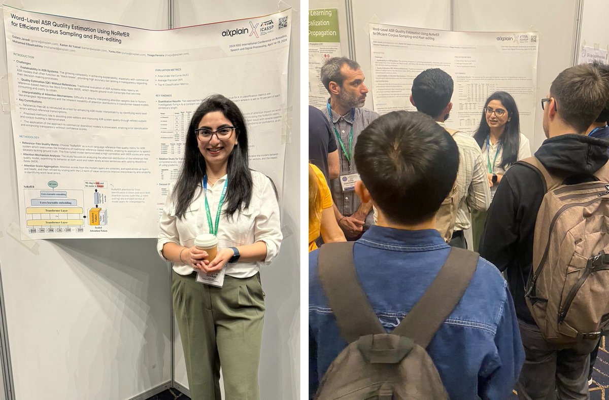 ✨@golara_javadi shines at #ICASSP2024! Her presentation sparked significant interest, especially with our innovative approach to interpreting black-box ASR models. 🌟 Dive deeper into our research.
👉 arxiv.org/pdf/2401.11268…

#aiXplainTeam #AIResearch #ASR #SpeechRecognition