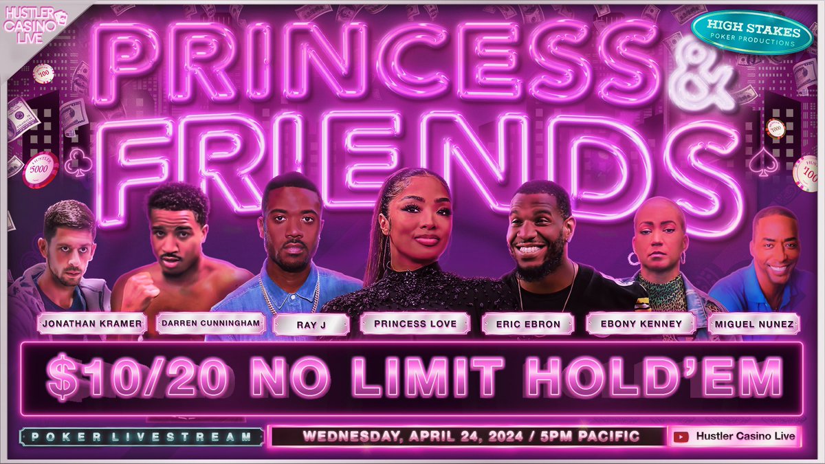 Hustler Casino Live (@hclpokershow) on Twitter photo NEXT WEDNESDAY!! SPECIAL SHOW!! PRINCESS & FRIENDS!!
<a href="/mzprincesslove/">Princess Love</a>
<a href="/RayJ/">Ray J</a>
<a href="/Ebron85/">Ebron85</a>
<a href="/Ebony_Kenney/">Ebony Kenney | Poker & Purposeful Pleasure</a>
Miguel Nunez
Darren Cunningham
Jonathan Kramer
+ Richard & Trey
Tune in next Wednesday for lots of fun and entertainment!!
🥳🥳🥳🎉🎉🎉 NEXT WEDNESDAY!! SPECIAL SHOW!! PRINCESS & FRIENDS!!
<a href="/mzprincesslove/">Princess Love</a>
<a href="/RayJ/">Ray J</a>
<a href="/Ebron85/">Ebron85</a>
<a href="/Ebony_Kenney/">Ebony Kenney | Poker & Purposeful Pleasure</a>
Miguel Nunez
Darren Cunningham
Jonathan Kramer
+ Richard & Trey
Tune in next Wednesday for lots of fun and entertainment!!
🥳🥳🥳🎉🎉🎉