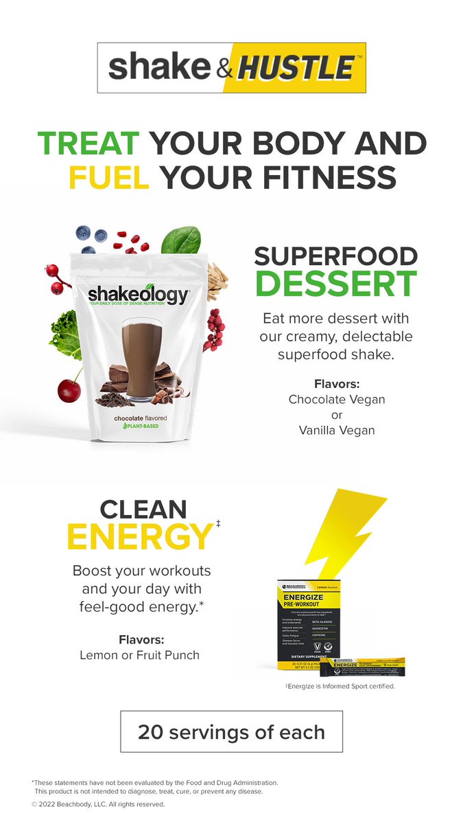 Want to work out but can’t find the energy, want to eat better but your sweet tooth is always calling. Shake & Hustle is the delectable duo that’s going to help make those goals easier = Shakeology and Beachbody Performance Energize with 20 servings.
buff.ly/3uhPrk3