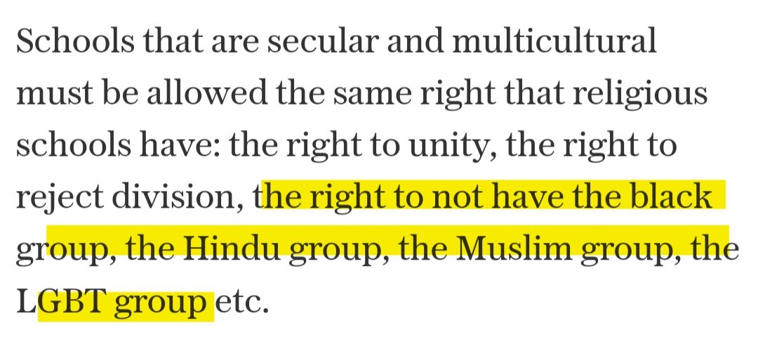 Second, pick your jaw from the floor when reading of Michaela's right to outlaw 'the black group, the Hindu group, the Muslim group, the LGBT group'. No mention of the white group, the Christian group, the straight group. What kind of 'unity' is being created at Michaela?