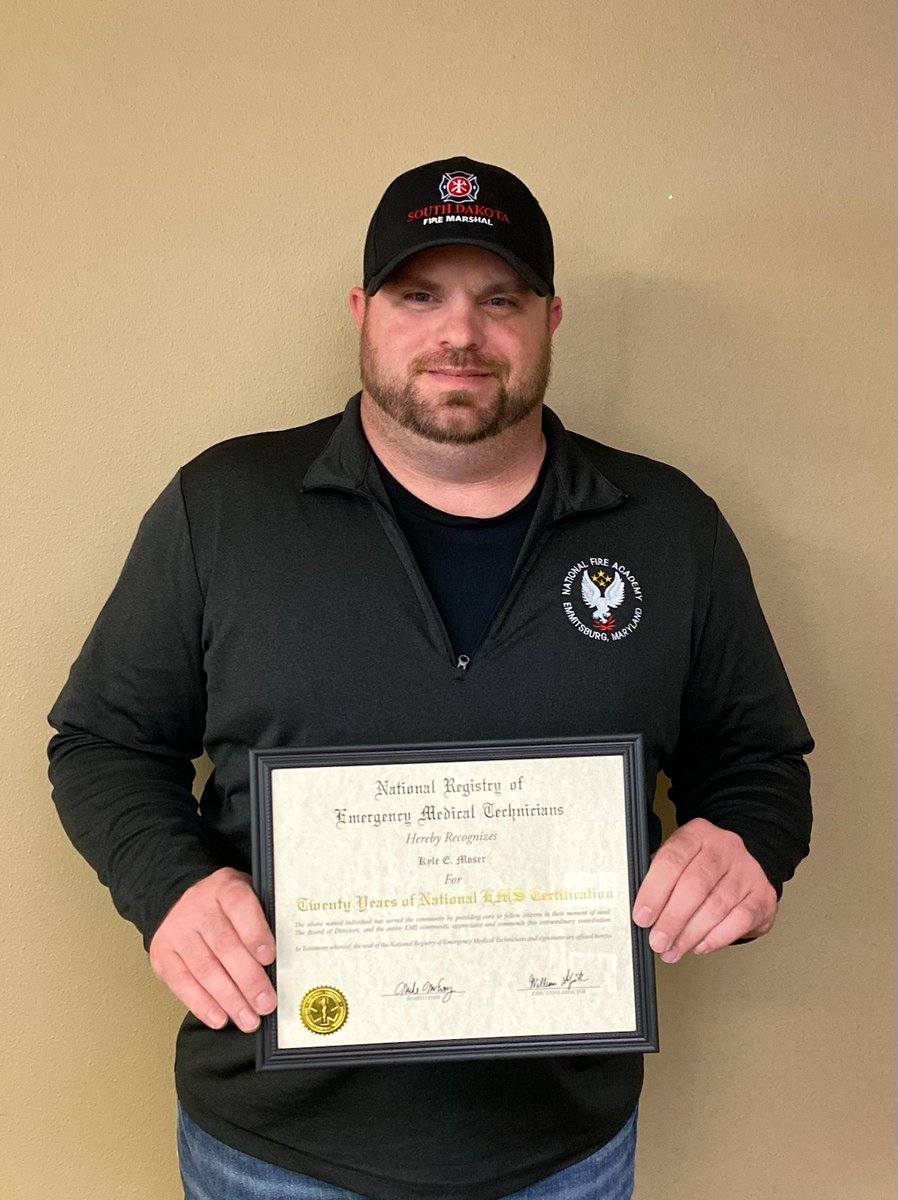 The SD Fire Marshal is proud to announce Deputy Marshal Kyle Moser was recently recognized by the National Registry of Emergency Medical Technicians for 20 years of National EMS certification. Kyle also serves on the Leola and Warner VFDs. Thanks for helping #KeepSDsafe