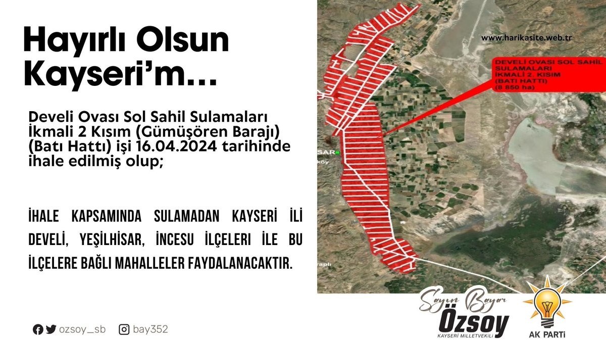 Develi Ovası Sol Sahil Sulamaları İkmali 2 Kısım (Gümüşören Barajı) (Batı Hattı) işi 16.04.2024 tarihinde  ihale edilmiş olup ihale süreci devam etmektedir.   

İş kapsamında; 8.850 (ha) sahadaki;

1-Yaklaşık 252 km uzunluğunda muhtelif tip, çap ve basınçtaki HDPE, CTP ve Çelik…