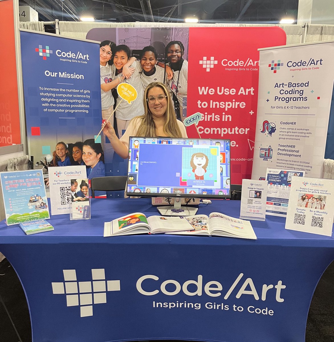 codeartorg's tweet image. Team member Laura checking in 👋#MiamiTechMonth started off to a fun start last week at @makerfairemiami !  Today, we set up at @eMergeAmericas to exhibit all day tomorow and Friday. This year is their big 10th year anniversary and we can’t wait to connect with you all 💜