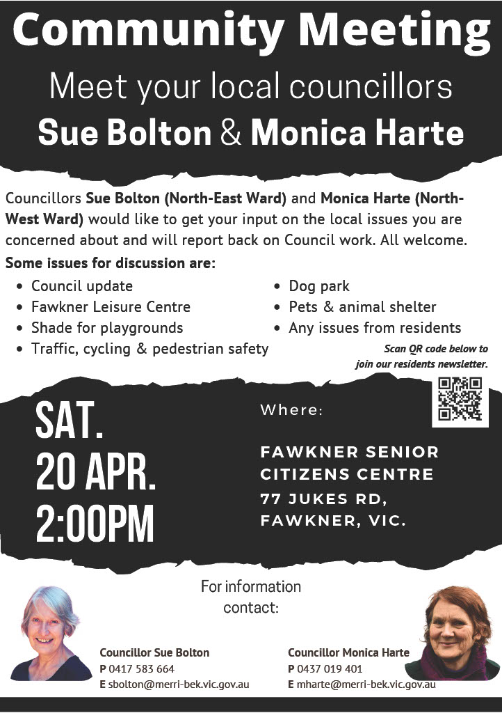 My next community meeting - Fawkner this Saturday 20 April, 2pm @ Fawkner Senior Citizens Centre. I will report back on council issues, but people can raise any issue. #Fawkner #Coburgnorth #Merri-bek