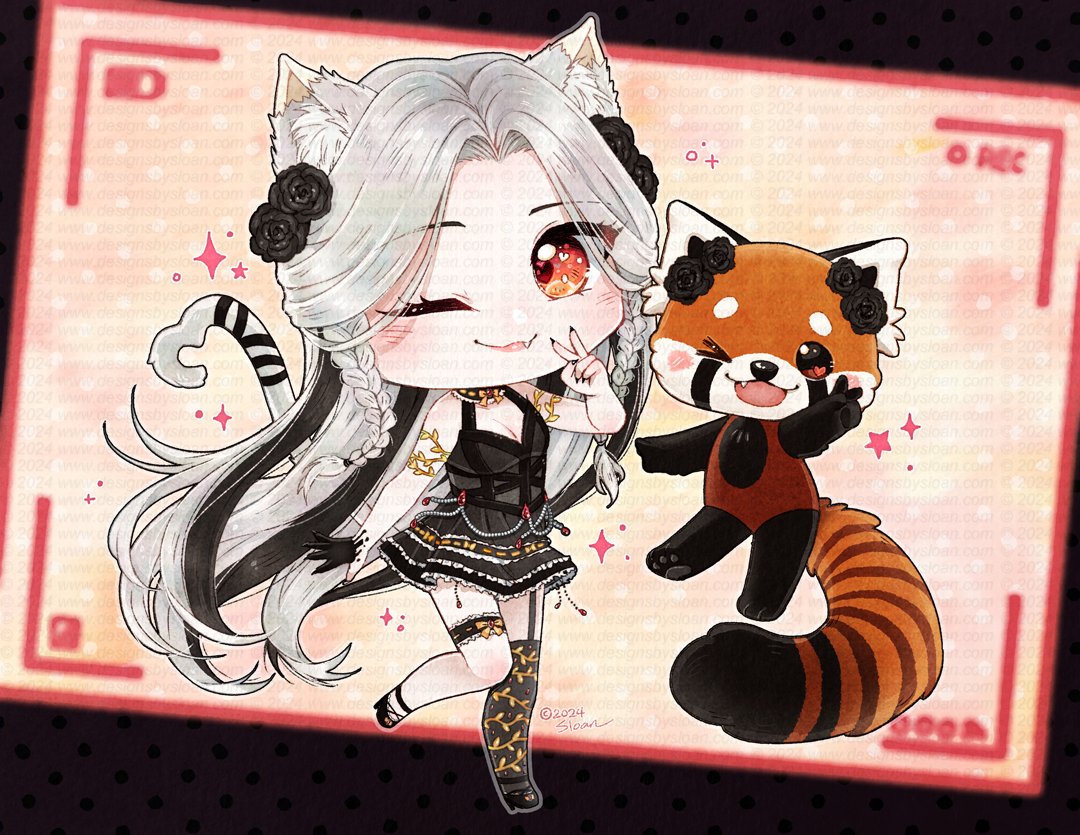 Chibi illust commissioned by Kay, as a birthday gift for vtuber @Chiyo_Lina! 🩸 Such a fun design and I loved drawing the red panda too~

#chibiart #ArtistOnTwitter #chibicommission