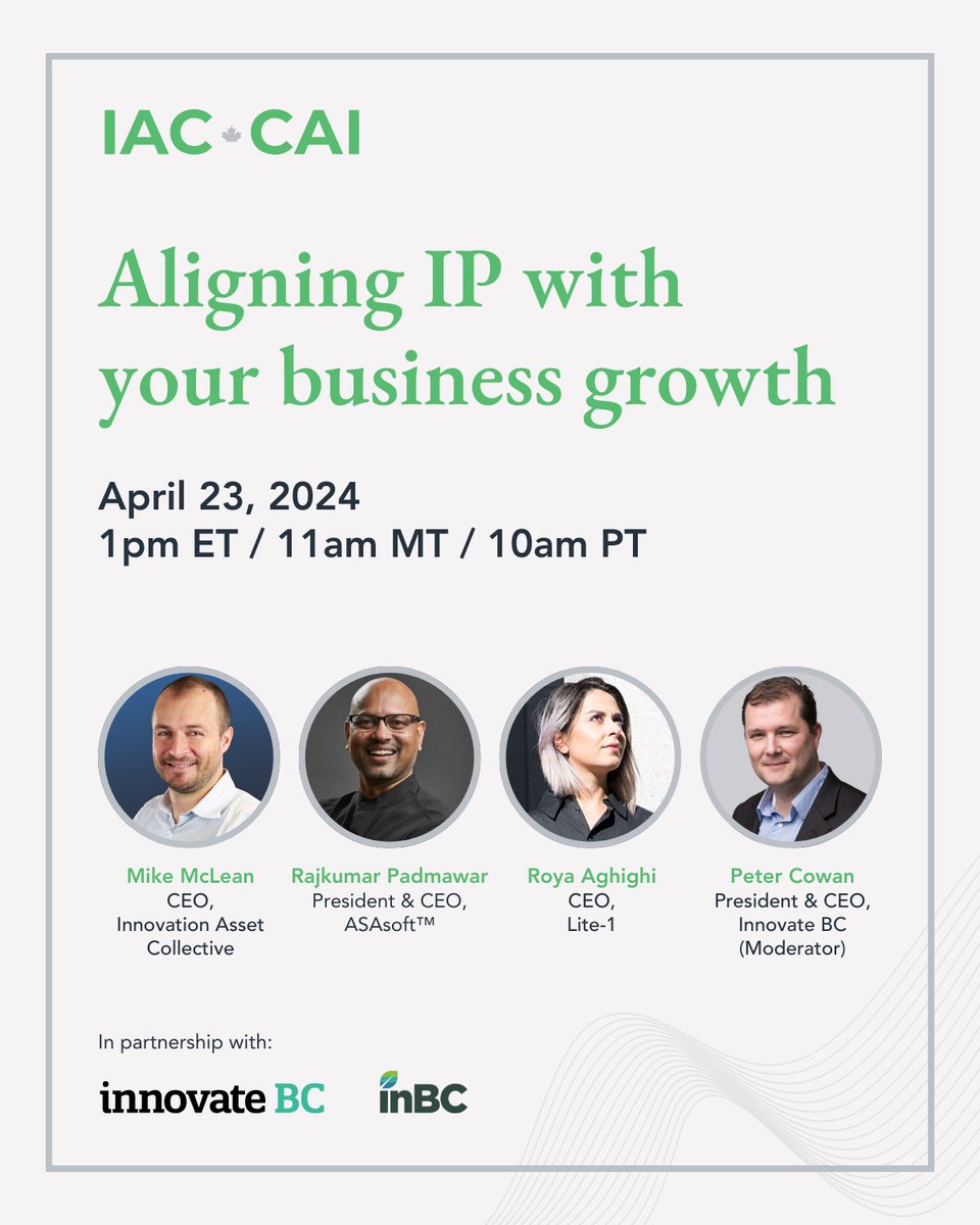 💡Is your IP positioned for your company’s growth? 🗓️Join us on April 23rd for 'Aligning IP with Your Business Growth,' in partnership with @innovate_bc and @InBCInvestment. 👉Register here: eventbrite.com/e/aligning-ip-…