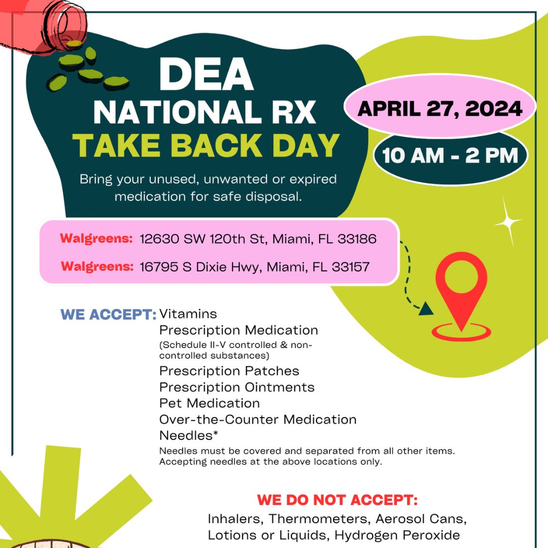 🚨 TIME CHANGE to 10am-2pm! 🚨 Join us, @InformedFams, @SD_One_Voice, Elijah Network, @WestcareFoundation, @Walgreens, & @Poison.Control for DEA Take Back Day @DEAHQ! Drop off unused meds at 12630 SW 120th St & 16795 S Dixie Hwy, Miami. Let's keep our communities safe!