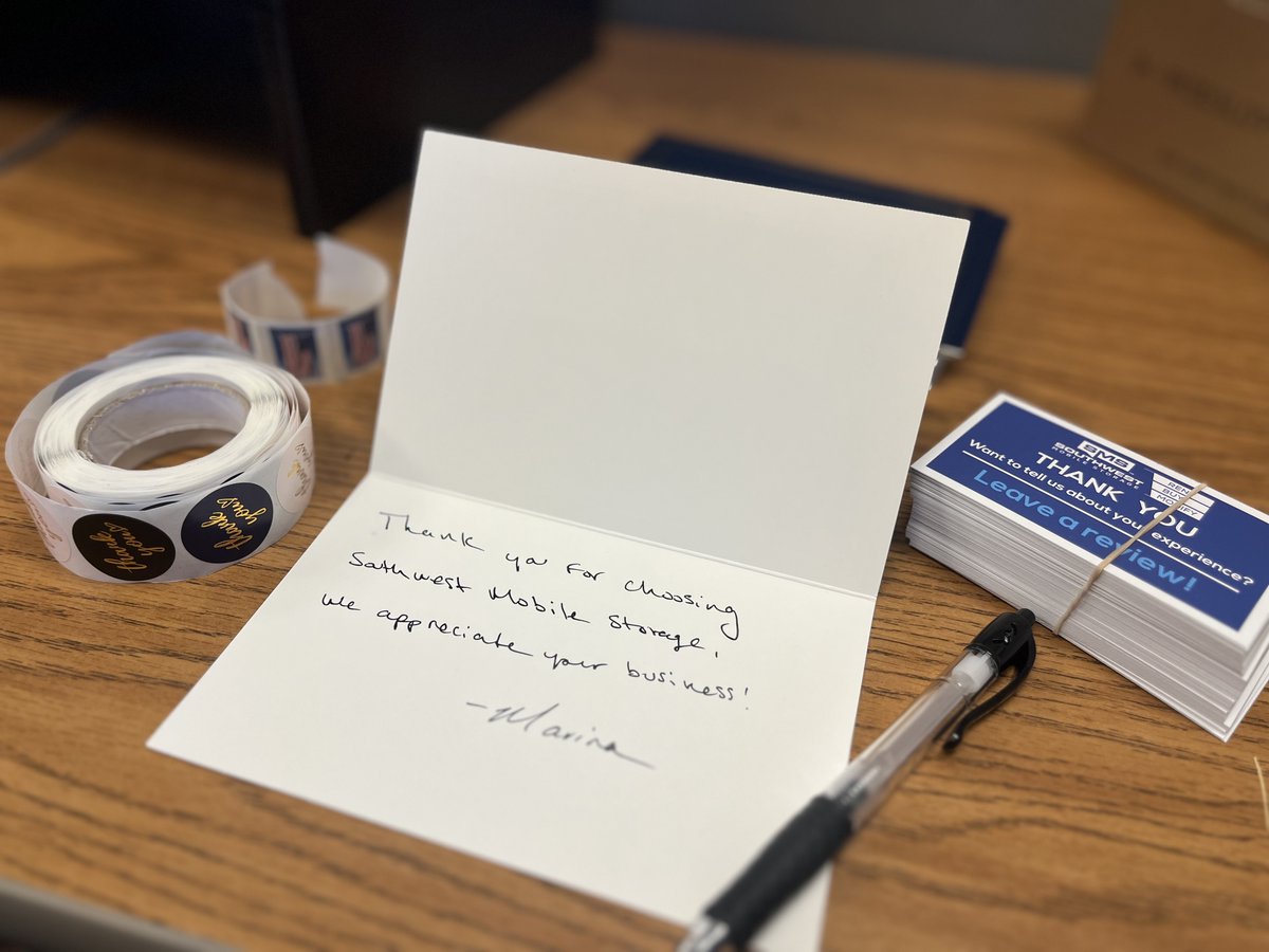SWMobileStorage's tweet image. Know why our sales reps are the best in the industry? They go out of their way to write thoughtful thank you notes to our customers. Rest assured you are in good hands when you work with Southwest Mobile Storage for your 
#storagecontainer needs. #employeehighlight