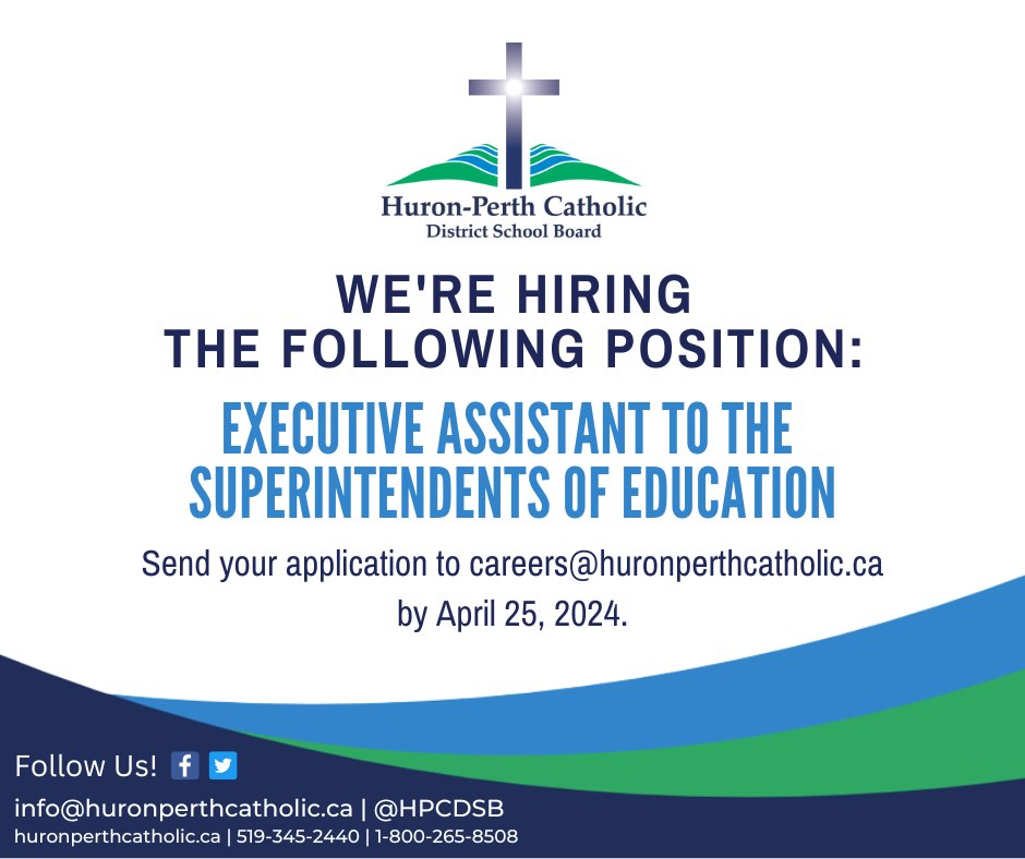 📢We're hiring an Executive Assistant! Interested in the position or know someone who may be qualified? Apply by April 25, 2024, or share the posting with your family, friends, and colleagues! Visit our #HPCDSB website to apply: huronperthcatholic.ca/our-board/care……. #NowHiring #JoinOurTeam