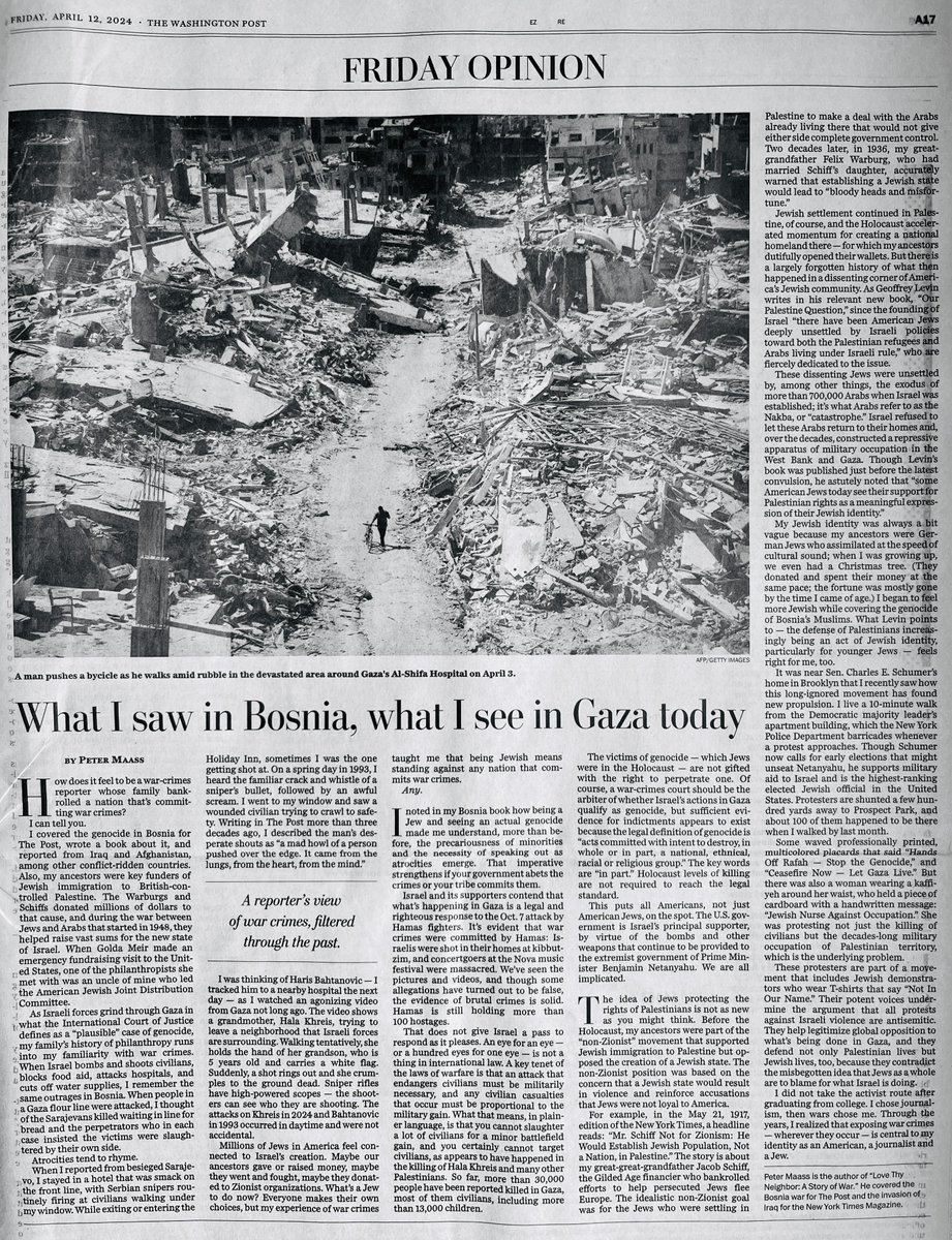 'What I saw in Bosnia, what I see in Gaza Today' -- my opinion article, as published in the paper version of the Washington Post last week. Link is to the online version (same texts, different headlines). washingtonpost.com/opinions/2024/…