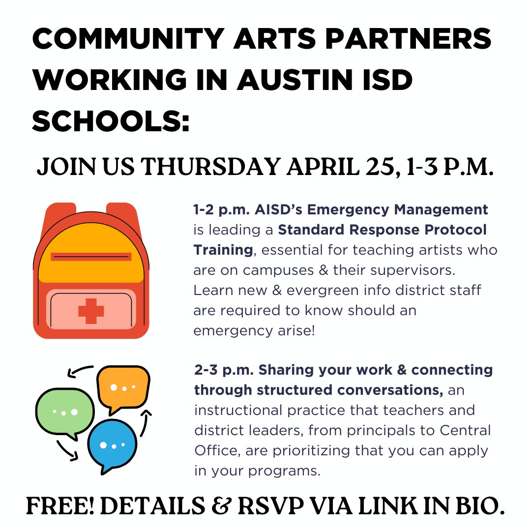 Community arts partners working in @AustinISD schools: join us next Thursday 4/25, 1-3pm at the Metz Elementary Cafetorium for a convening that will cover critical training & instructional priorities to support your school-based programming. Free! RSVP: eventbrite.com/e/april-arts-p…