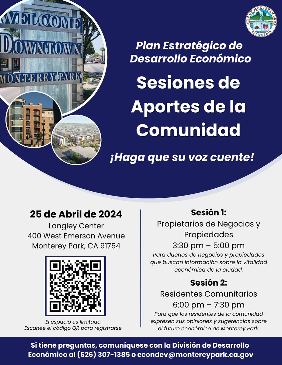 Join us in shaping the future of Monterey Park's economic development! 🌟 Attend our public feedback sessions April 25 at Langley Senior Ctr.

Your voice counts! RSVP today! montereypark.ca.gov/Calendar.aspx?…

#MontereyPark #EconomicDevelopmentStrategicPlan #montereyparkecondev #mpkecondev