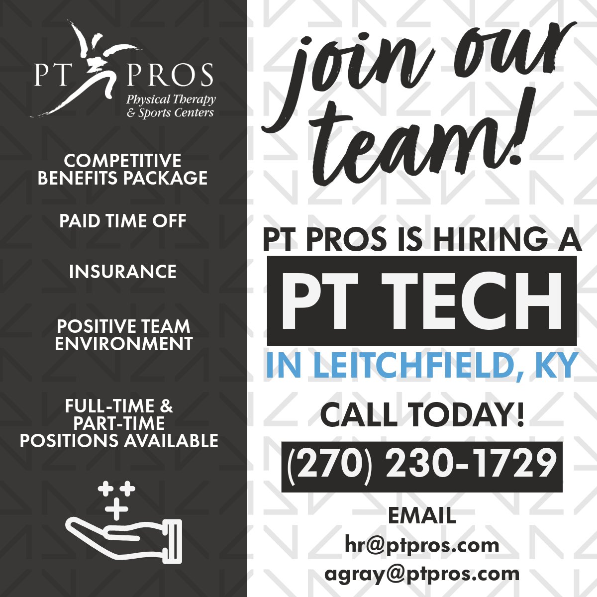 PT Pros Leitchfield is hiring a PT tech! If you are ready to make a difference in the lives of others, we'd love to hear from you. Become a part of the PT Pros team today. 

#GetMoving #YourTeamIsHere #NowHiring #LeitchfieldKY #PhysicalTherapy #PTTech